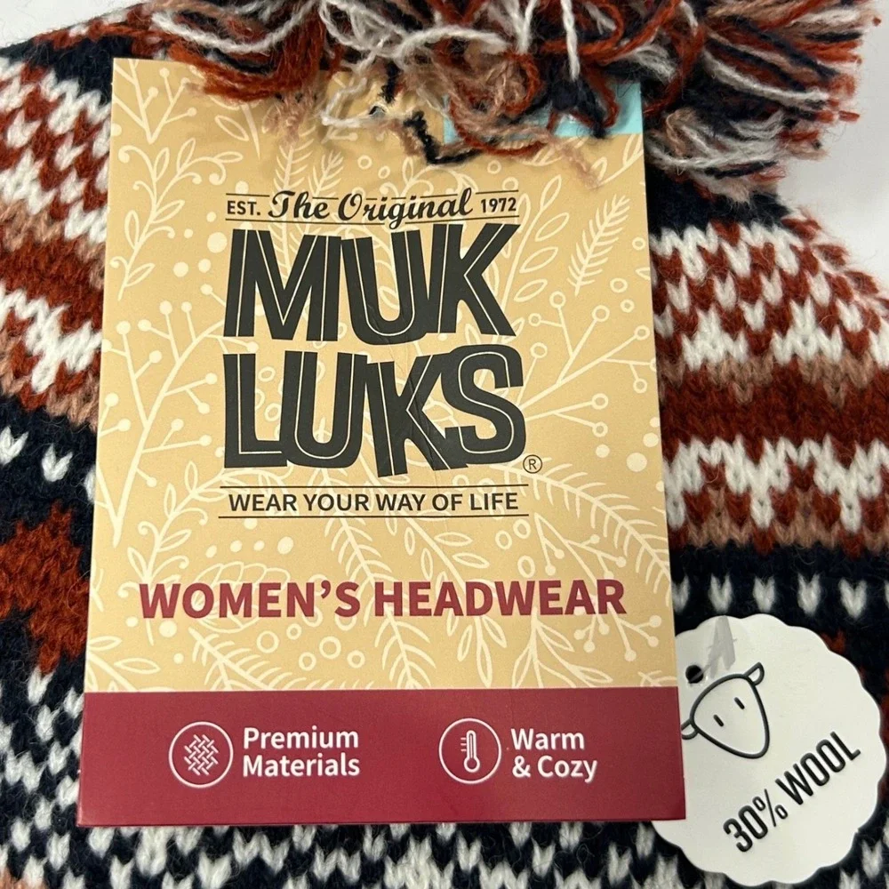 Muk Luks Womens Fair Isle Beanie Spice Isle Wool Blend Pom Pom Hat Winter Tossle